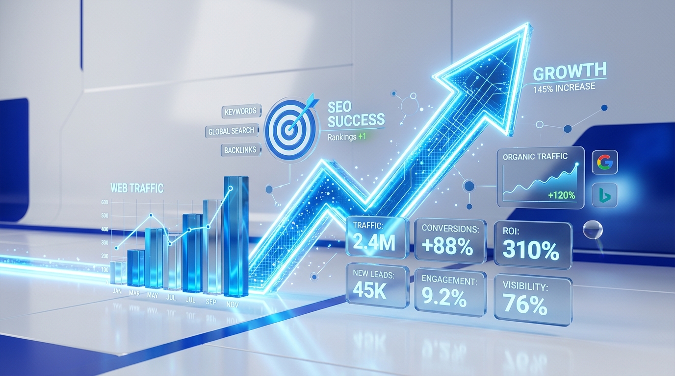 3D digital marketing growth telemetry and SEO ranking dashboard